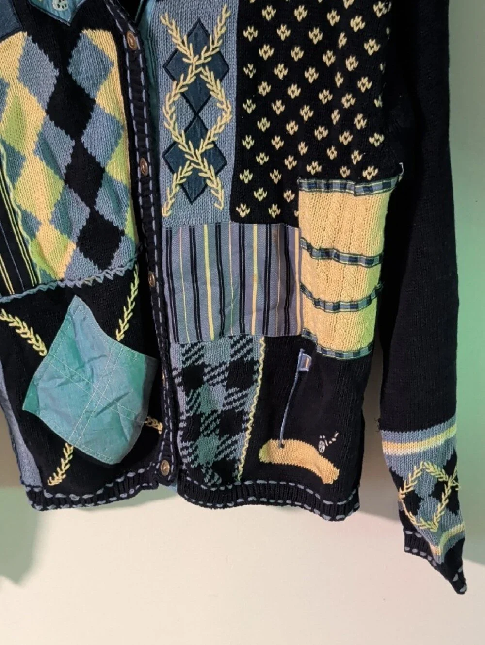 Susan Bristol Navy, Light Blue & Yellow Patchwork Cardigan Golf